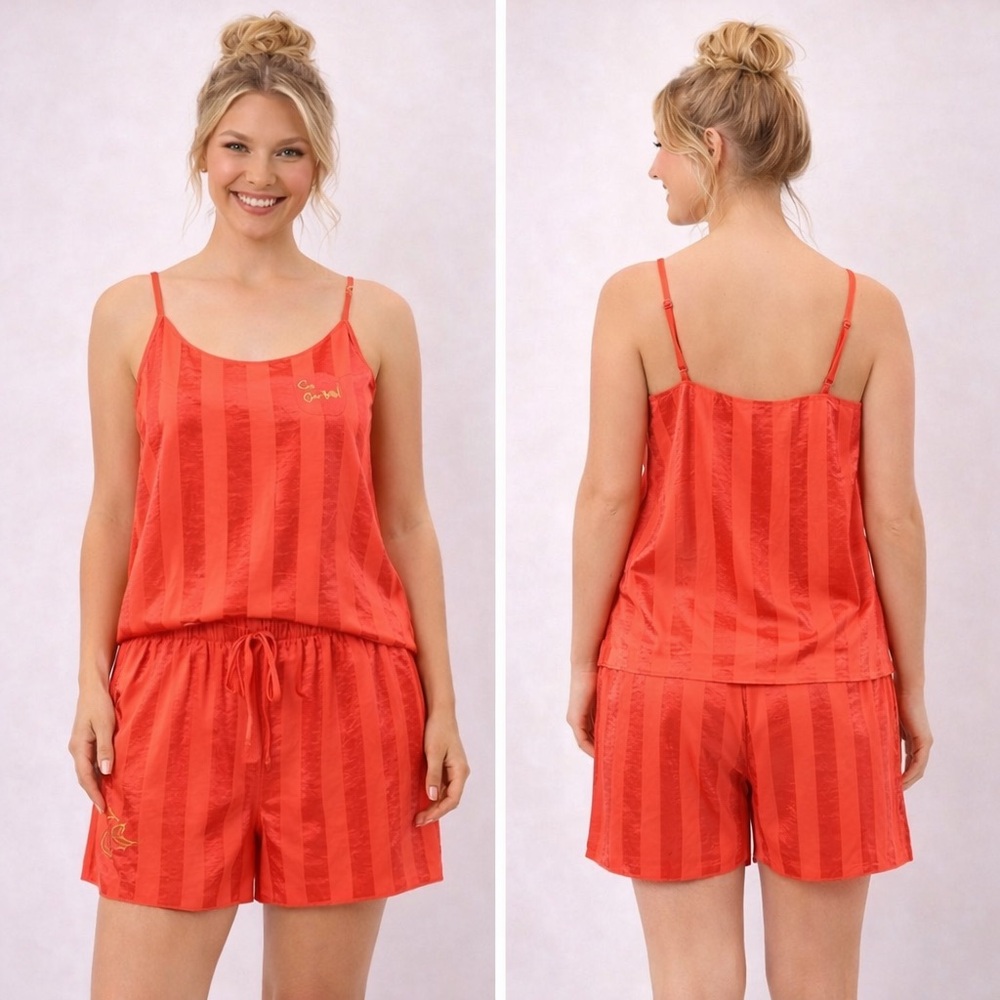 Midnight Bakery NWT Embroidered Cami Short Pajama Set Coral Red Striped Large